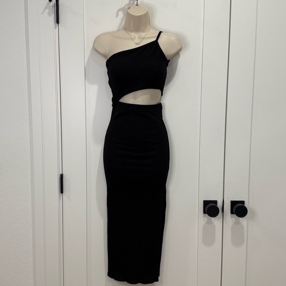 Amable By Mable Midi Dress Cutout One Shoulder Ribbed Black Small Cocktail Party - Picture 2 of 8